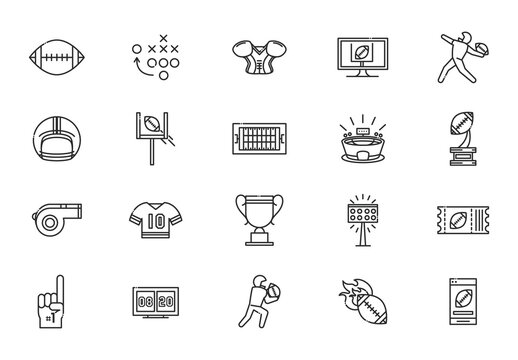Black And White Football Sport Trophy Player Game Line Icons Set
