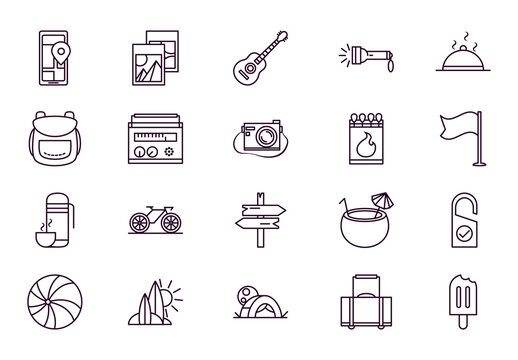 Black And White Travel Adventure Vacation Tourism Line Icons Set