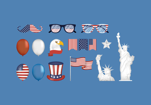 Colorful 4th July USA Patriotic American Symbols Illustrations Set