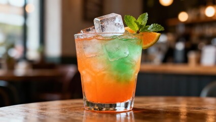 Refreshing layered mixed drink with ice cubes and citrus garnish rests on a wooden table indoors