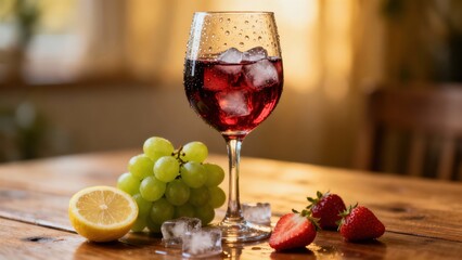 Chilled red beverage in a glass surrounded by fresh fruit and ice cubes rests on a wooden surface