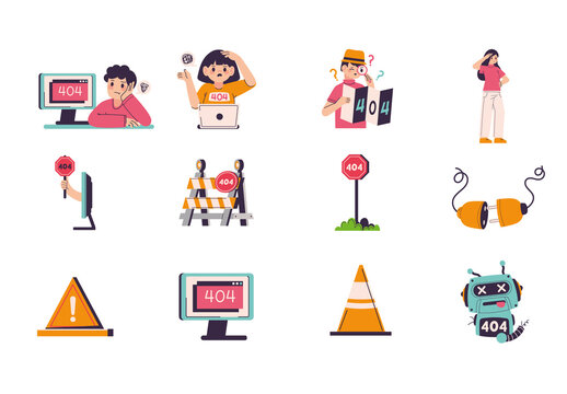 Colorful 404 Error Technology Internet Alert Illustrations Set