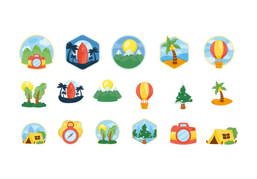 Colorful Adventure Badges Travel Camping Illustrations Set