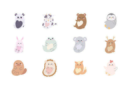 Colorful Kawaii Animals Cute Illustrations Set