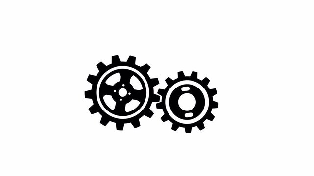 Technology and engineering 2d motion solid black icon. Flat animated gear wheels rotation, isolated mechanical element for workflow, automation, or machinery concept. Transparent alpha background.
