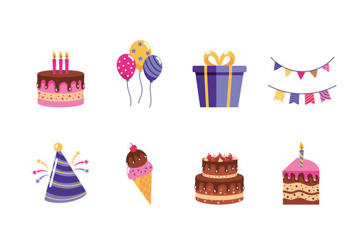 Colorful Birthday Cake Party Celebration Illustrations Set