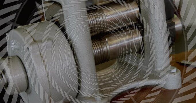 Spiral overlay appearing, rotating over rollers, sweeping bands accenting glints for metalworking