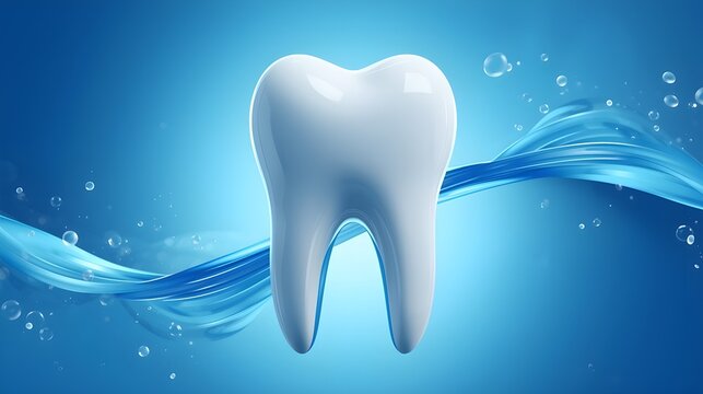 Pastel blue postcard with a white fake tooth, concept of dentistry, dental care and international dentist day celebration with copyspace for text - Powered by Adobe