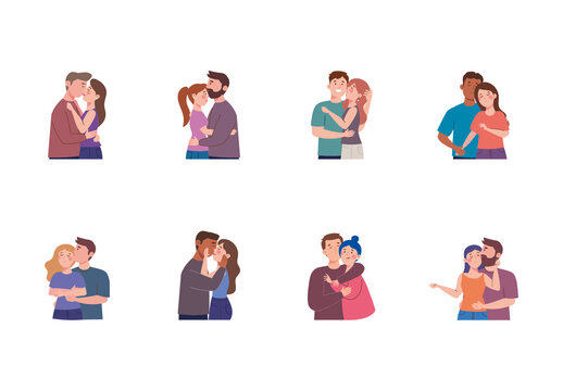 Colorful Couple Kissing Romantic Love People Illustrations Set