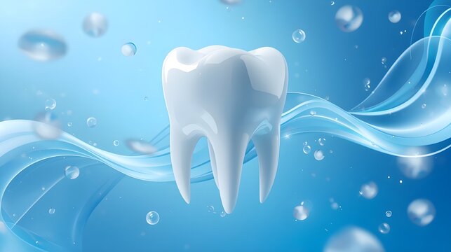 Pastel blue postcard with a white fake tooth, concept of dentistry, dental care and international dentist day celebration with copyspace for text
