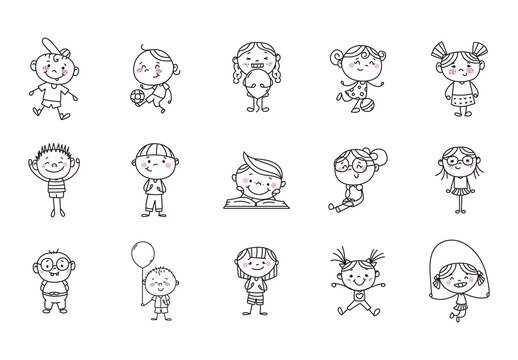 Colorful Children Doodle Cute Kids Cartoon Illustrations Set