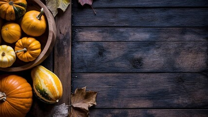 Thanksgiving Pumpkins and Leaves on Rustic Wooden Background for Fall Decorations
