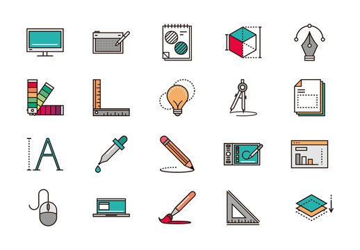 Blue And Red Graphic Design Tools Creative Flat Icons Set