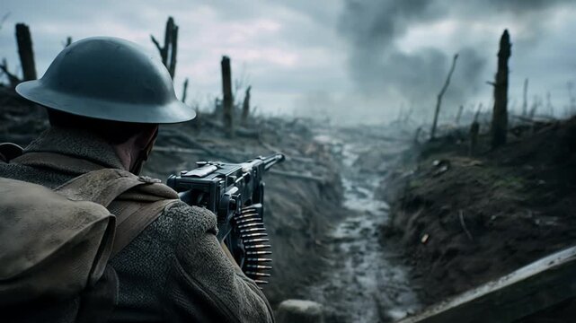Marksman standing on parapet unleashes gunfire into smoky wasteland