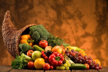 Thanksgiving Harvest Vegetables and Fruits Basket Background Fresh Healthy Produce