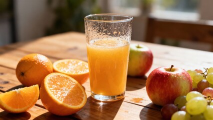 Freshly squeezed citrus beverage sits beside a variety of ripe fruits upon a wooden surface in bright sunlight