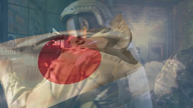 Tactical team preparing for raid in depot, Japanese flag waving and revealing rifles, smoke