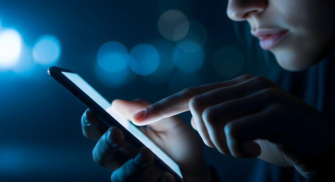 Close-up of a persons hands using a smartphone at night with blurred blue lights in the background.