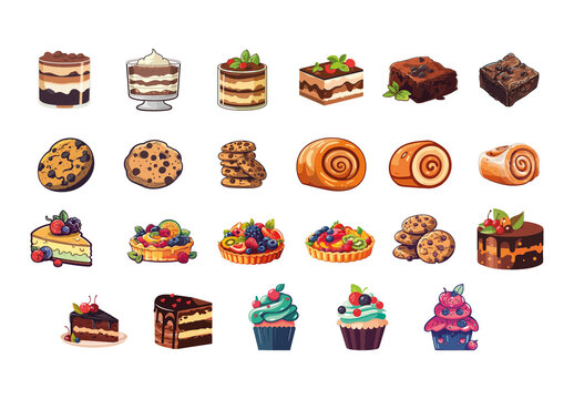 Colorful Dessert Cake Pastry Food Sweet Illustrations Set