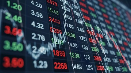 Dynamic financial market data showing stock prices, numbers, and changing graphs for business investment analysis footage - Powered by Adobe