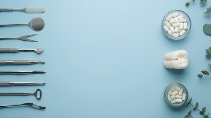 Pastel blue postcard with a white fake tooth, concept of dentistry, dental care and international dentist day celebration