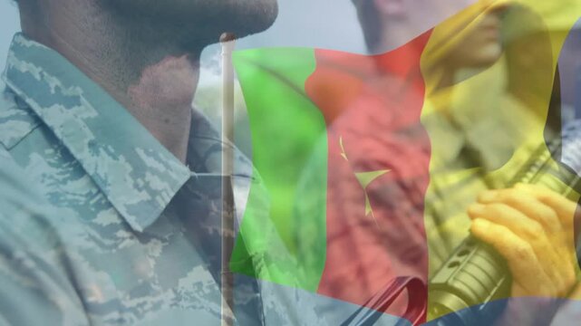 Camera panning, soldier standing, peers raising rifle and saluting for military flag tribute