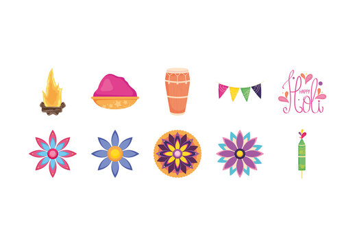 Colorful Happy Holi Traditional Celebration Illustrations Set