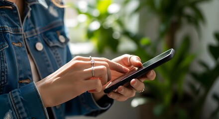 Close-up of a persons hands using a smartphone with plants in the background.