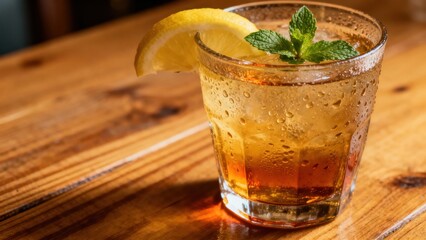 Chilled brown cocktail rests on a textured wooden bar surface adorned with citrus and herb garnish