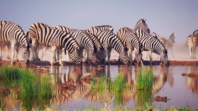 Plains Zebra - Equus quagga formerly Equus burchellii, also common zebra, most common and widespread species of zebra, black and white stripes in savannah, herd at waterhole drinking.