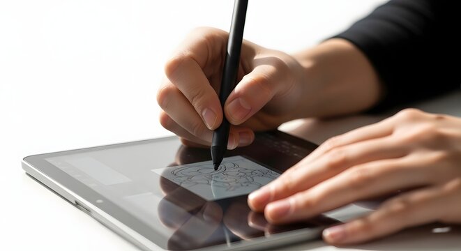 Close-up of a persons hands using a stylus on a digital tablet.
