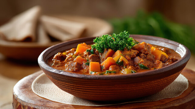 Highly Detailed Realistic Depiction of Ethiopian Shir with Vegetables in Traditional Bowl Featuring Garnish and Rustic Background
