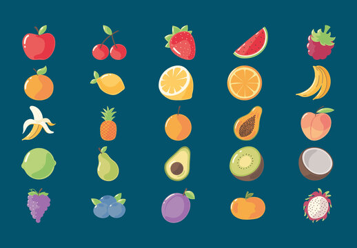 Colorful Fruits Tropical Healthy Food Illustrations Set