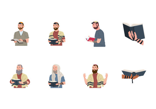 Colorful Jewish Tefillin Prayer Worship Religion Illustrations Set