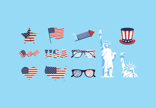 Colorful USA Indendence Day Patriotic Symbols Illustrations Set