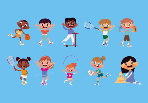 Colorful Kids Playing Sports Outdoor Fun Illustrations Set
