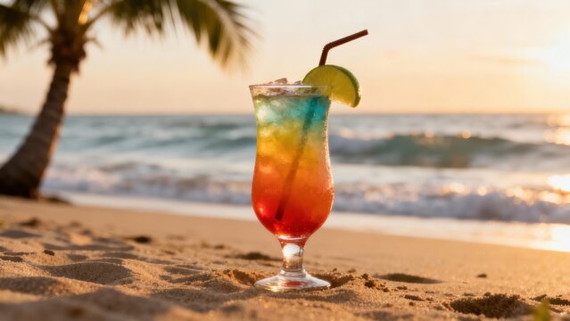 Vibrant layered tropical beverage sits poised on warm sand near gentle ocean waves at sunset
