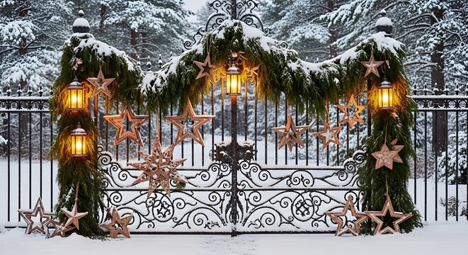 Aesthetic Rustic Christmas gate with glowing stars and festive winter decorations