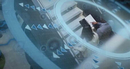 Blue band revealing biz pair on escalator, pointing folder and reviewing content while HUD sweeping