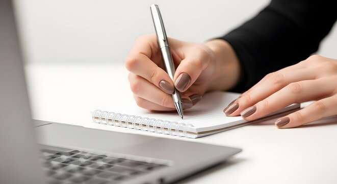 Close-up of a persons hands writing in a notebook next to a laptop.