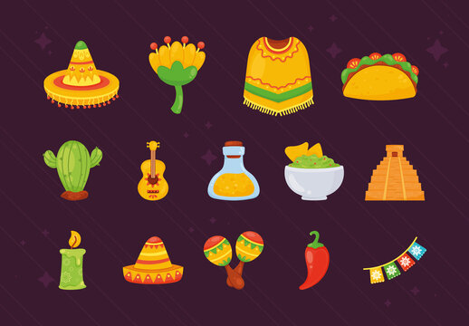 Colorful Mexico Culture Illustrations Set