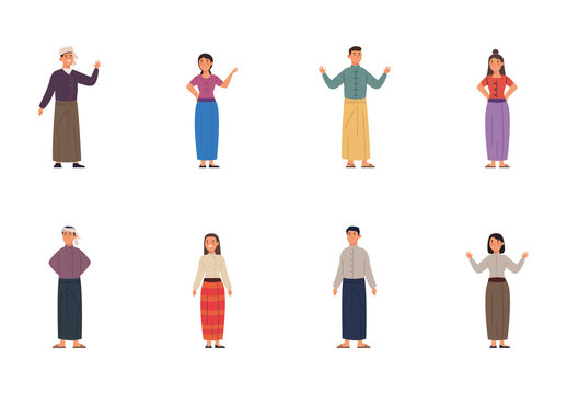 Colorful Myanmar Traditional Costume Culture Characters Illustrations Set