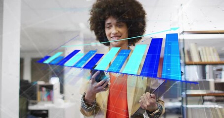 Woman tapping smartphone in office generating 3D bar chart overlaying torso to show business growth - Powered by Adobe