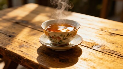 Hot beverage steams gently from a decorative ceramic cup resting on a sunlit rustic wooden surface