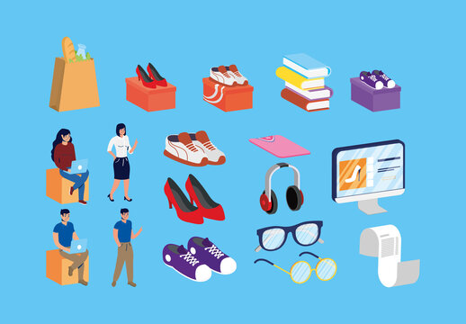 Colorful Online Shopping Technology Ecommerce Illustrations Set
