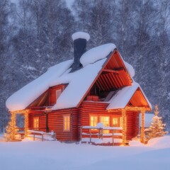 Snow-Covered Red Wooden Cabin in Winter Forest with Warm Lights for Christmas and Holiday Scene