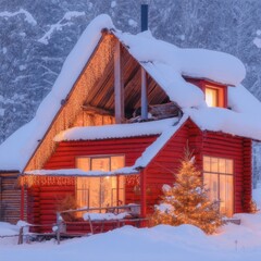 Cozy Red Log Cabin in Snowy Landscape with Christmas Tree for Winter Retreat and Festive Vibe