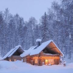 Enchanting Snow-Covered Log Cabin in Winter Woods with Warm Glow for Winter Wonderland Scene