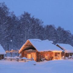 Charming Snowy Wooden Cottages in Winter Forest at Dusk for Peaceful Holiday Getaway