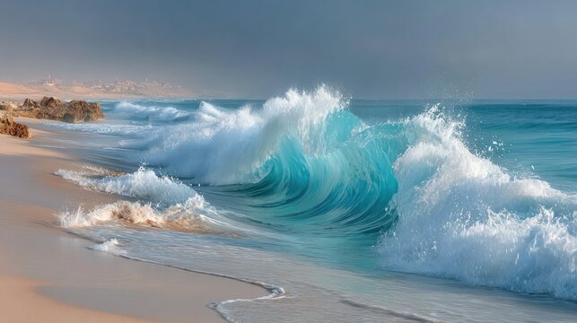 Crashing azure wave on a sandy beach with rocky outcrops under a cloudy sky